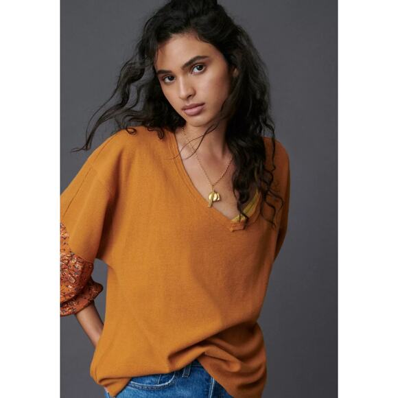 ANTHROPOLOGIE Annette Floral Sleeve Thermal Top Size Small $88 MSRP Gold Orange - Picture 4 of 10